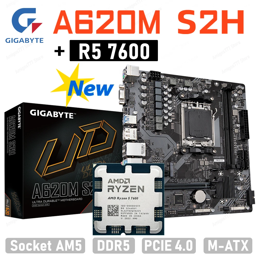 New AMD R5 7600 Ryzen 5 7600 CPU + GIGABYTE A620M S2H Micro ATX AMD  DDR5 Motherboard Suit Socket AM5 All new but without fan