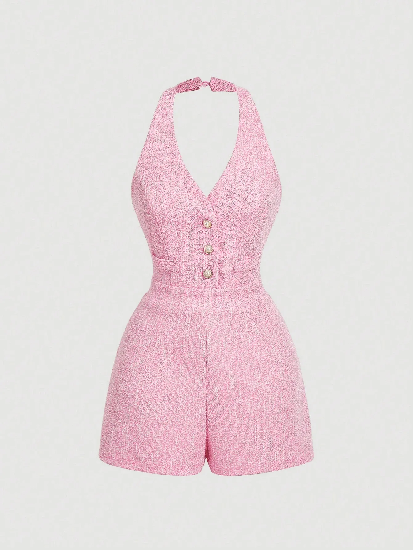 

Women Tweed Halter 2 Piece Set Sleeveless Button Front Crop Top High Waist Shorts Outfit Elegant Casual Set Daily Wear & Dating