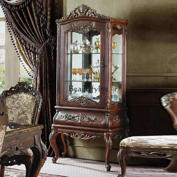 

44 -*American all-solid wood wine cabinet French decorative carved luxury locker