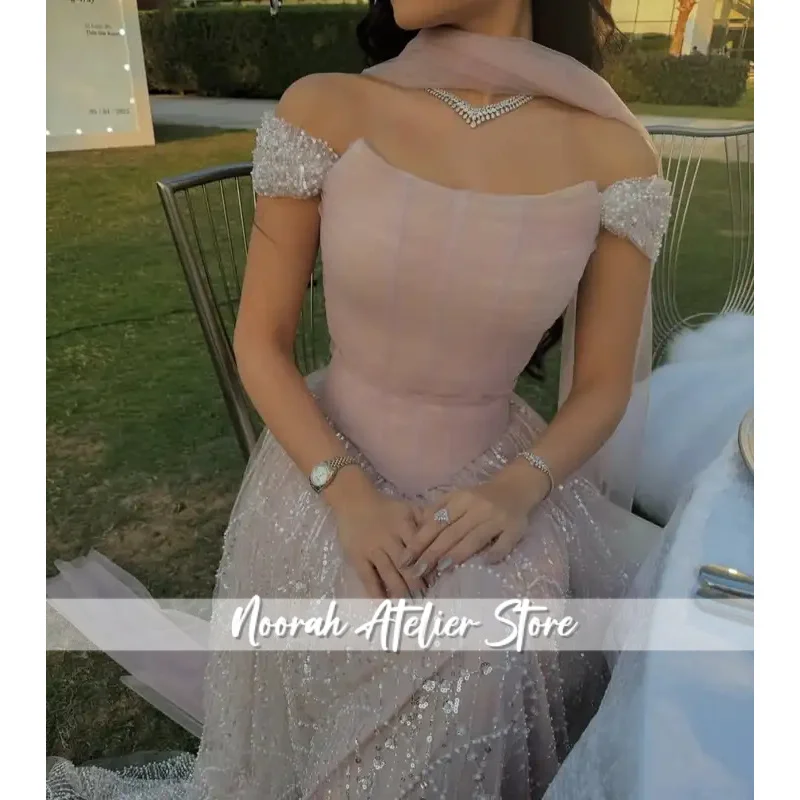 Vestido de noche elegante rosa con hombros descubiertos y perlas para mujer, vestido largo Formal de lujo para fiesta de graduación y boda, personalizado