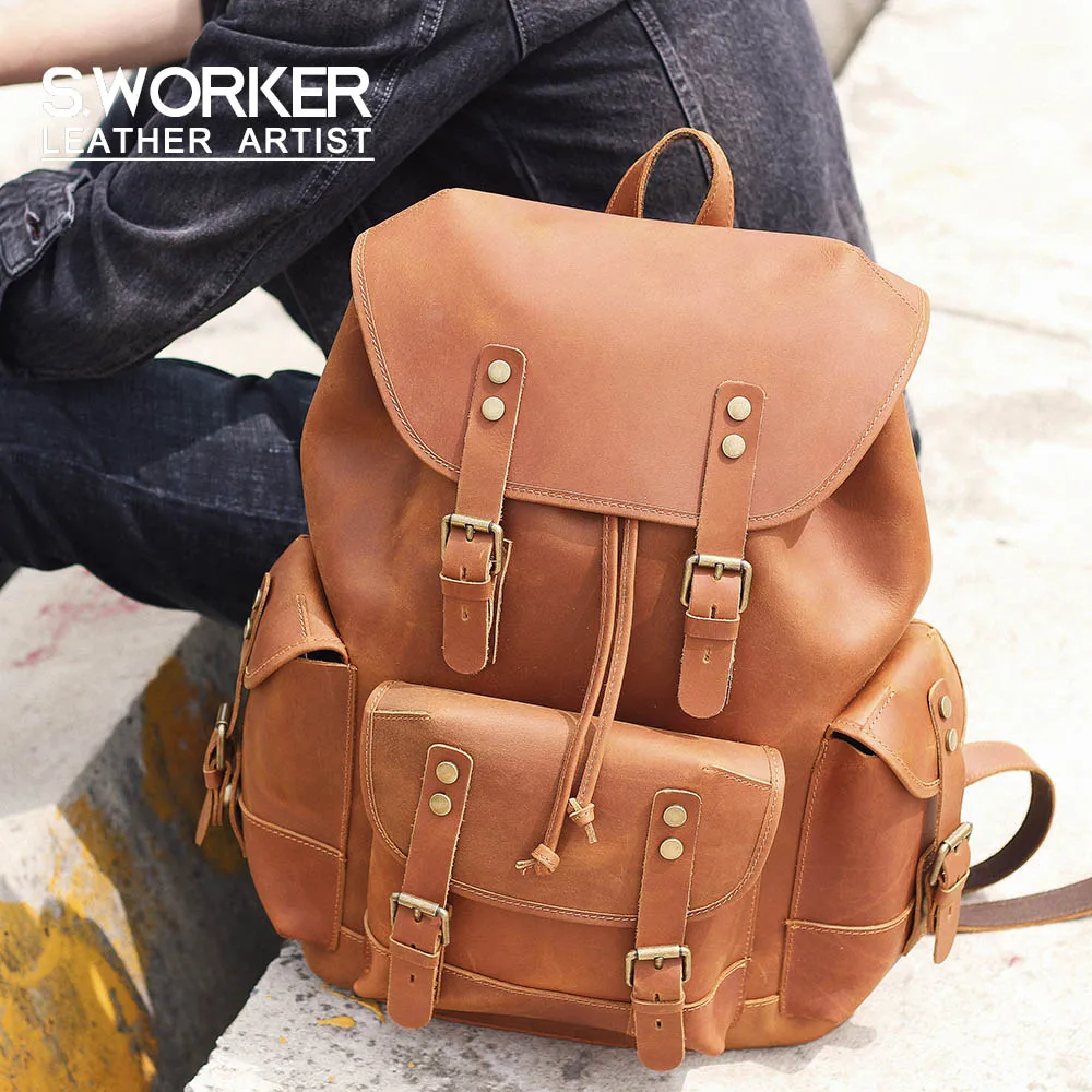 S.WORKER Vintage Echtleder-Rucksack Laptop-Tasche Lässige Crazy-Horse-Leder-Schultasche Outdoor-Reise-Weekender-Tasche – Detail 2