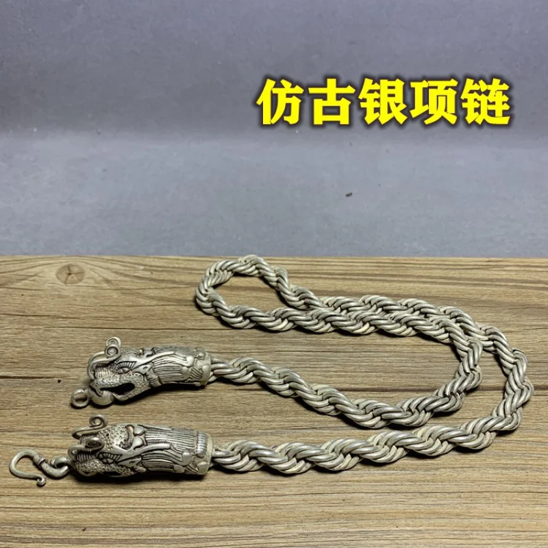 Antique Distressed Cooperized Silver Silver Necklace Retro Domineering Double Chinese Dragon Heads Men's Necklace Silver Thick S