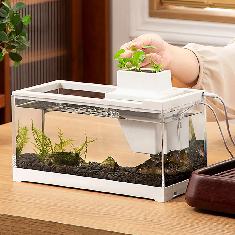 Desktop Mini Fish Tank Aquarium With Water Pump and Iron Gall Sand Transparent Microlandscape Aquarium Fish Tank For Household