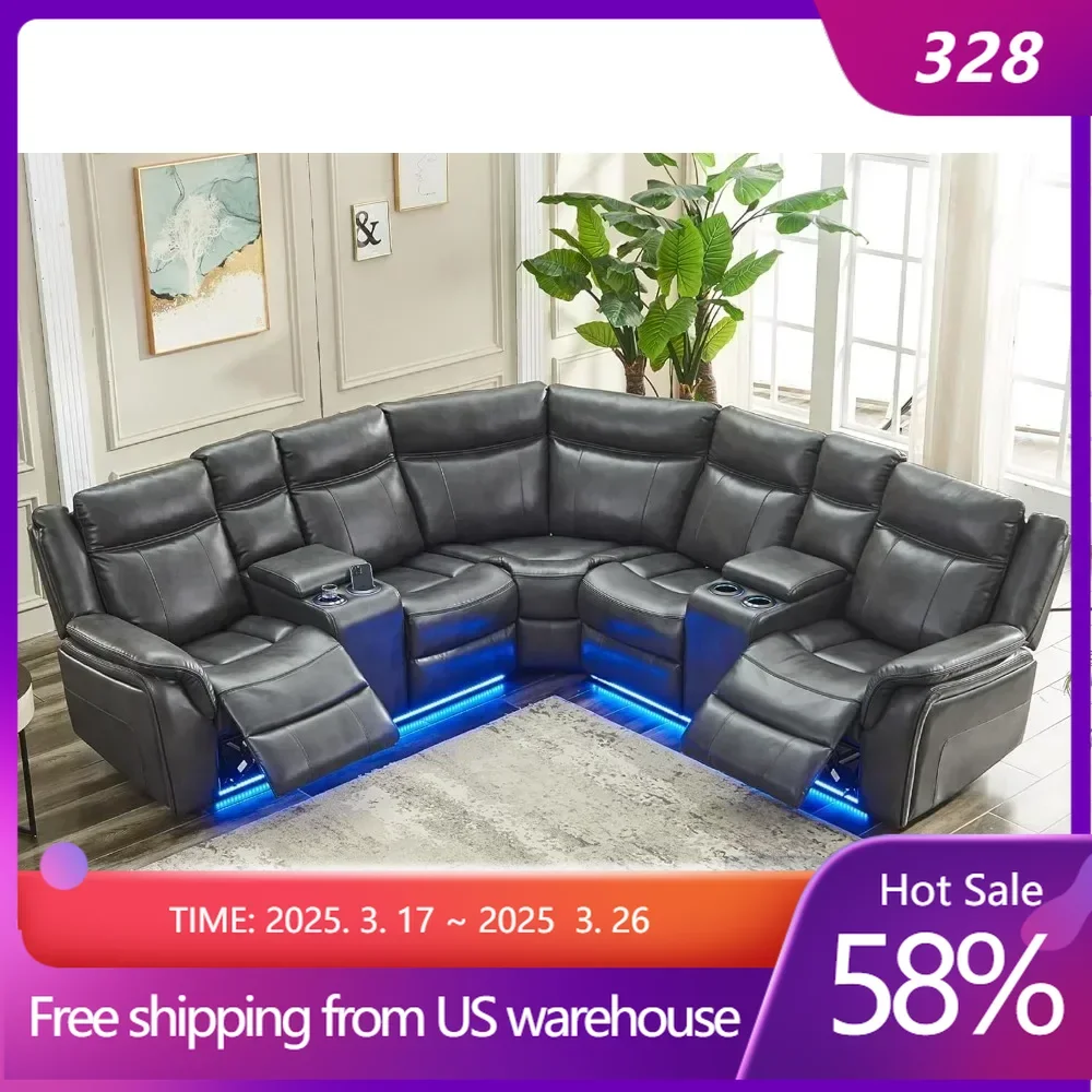 Power Recliner Sectional Sofa Couches with LED Light for Living Room, Faux Leather Reclining Corner Sectionals Couch Sets