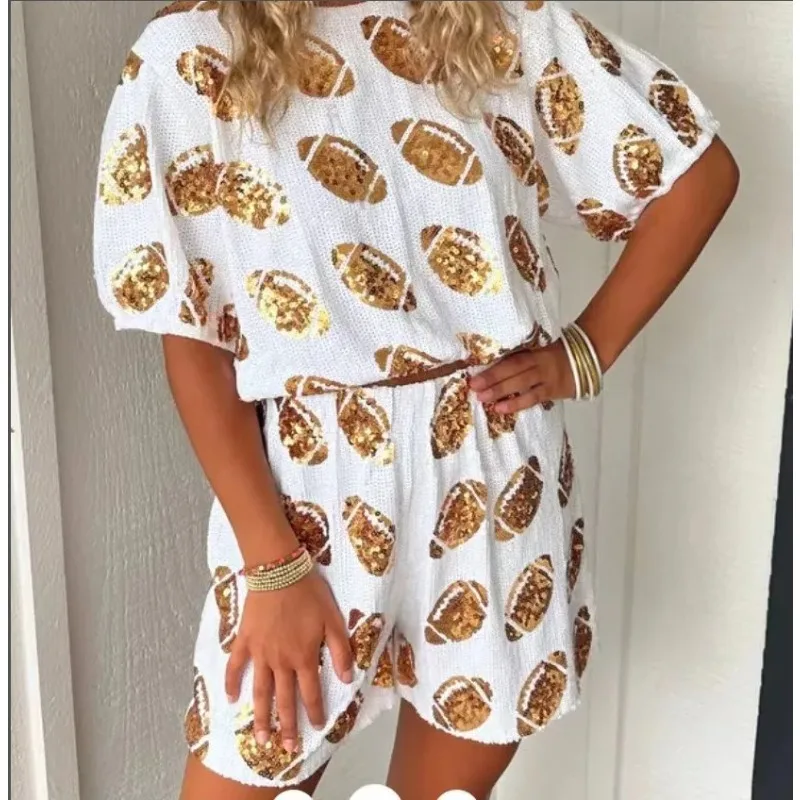 Gold Sequin Two-piece Set 2026 New Women's Spring Summer Short Sleeve T-shirt And Shorts Blingbling Sequin Set