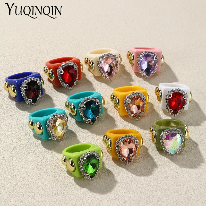 Luxury Colorful Big Heaet Red Rhinestone Rings Sets for Women Geometric Square Large Punk Finger Ring Girls Party Female Jewelry