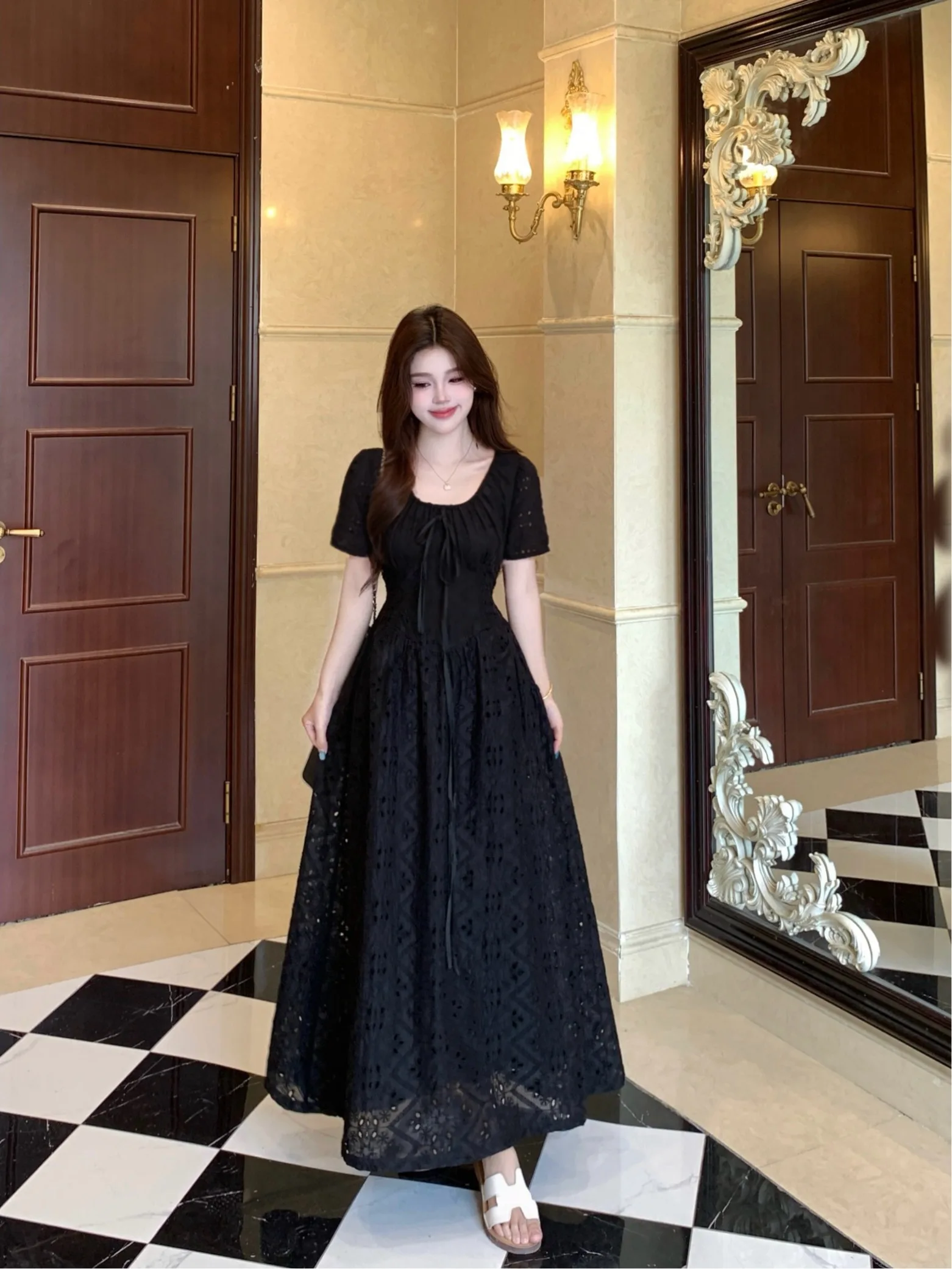 

plus Size Black Short Sleeve Hepburn Style Dress Slimming Waist Design Strap Long Skirt Commute Style A-Line Shape ...