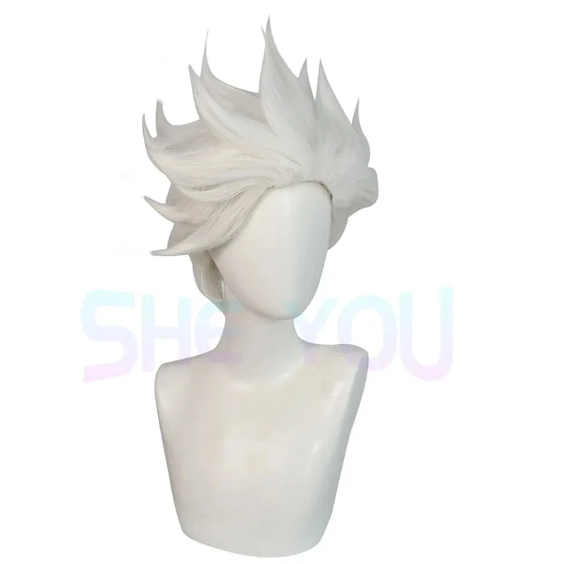 عالية الجودة Ursula شعر مستعار تأثيري فيلم أبيض قصير الشعر للكبار النساء الرجال مقاومة للحرارة الاصطناعية تأثيري الباروكات