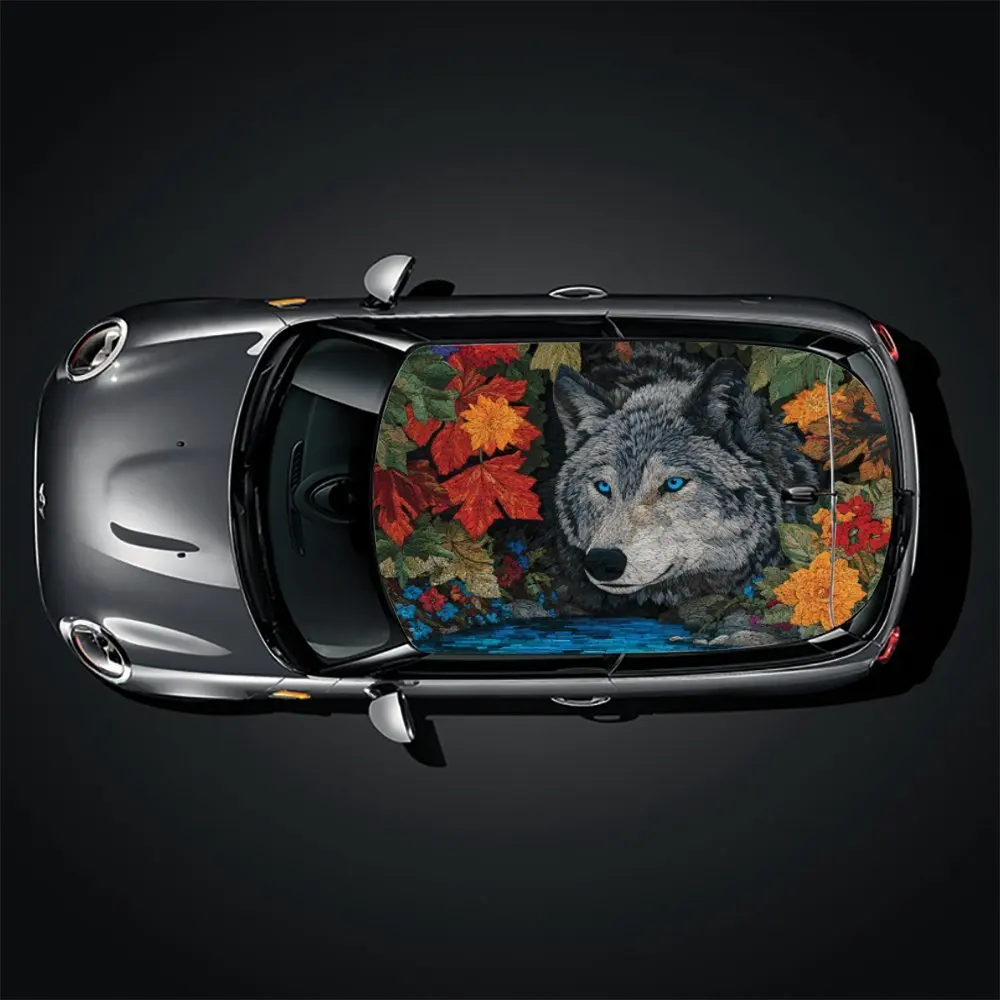 ملصق لفينيل سقف السيارة الكلاسيكي على شكل ذئب وزهرة، ملصق تلقائي، ديكور فني للمركبة، ملصق سيارة خارجي مقاوم للماء ذاتي اللصق #3