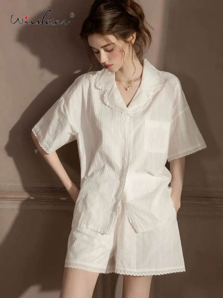 

Winsleter-Sexy Women 2 Piece Pajamas Set, Lace Patchwork, French Lazy Short Sleeve Shorts Homewear, 2026 Spring New S5D639CC