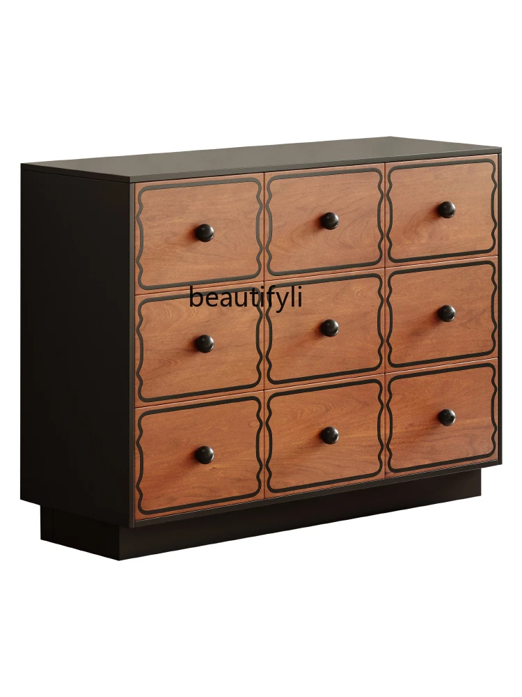 

Retro Solid Wood Three-Bucket Cabinet Walnut Color Antique Style Living Room Wall Dining Side Storage Cabinet furniture