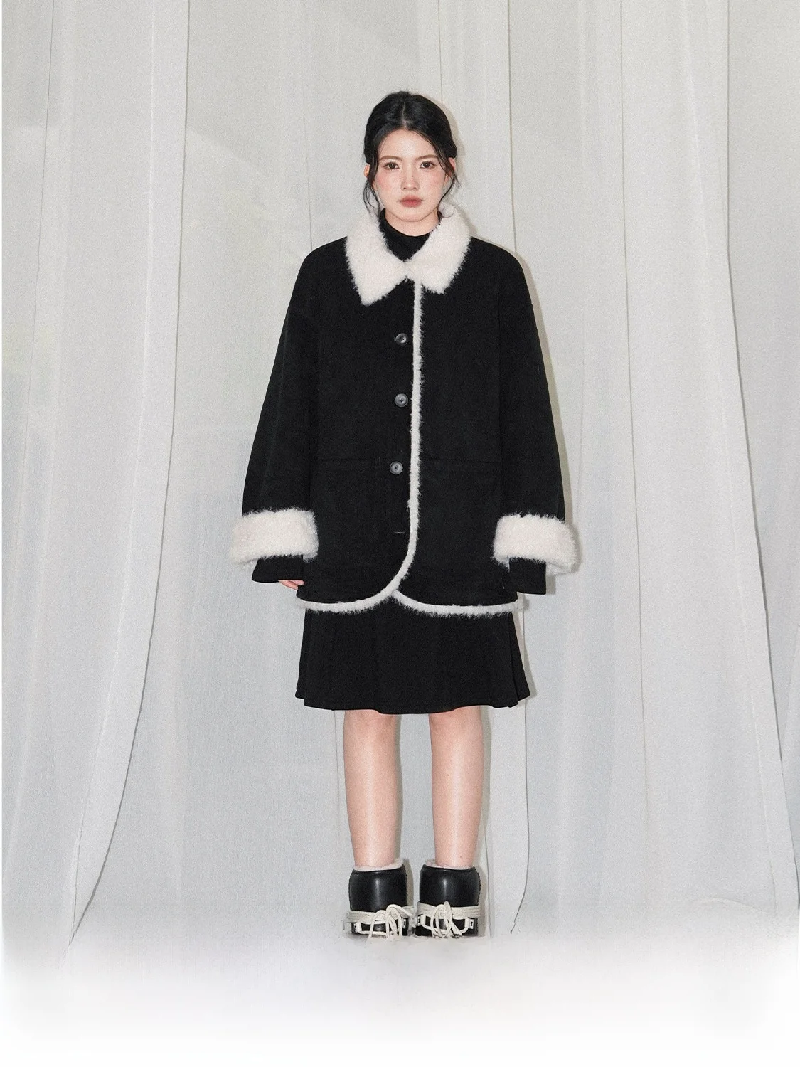 

JINGU Faux Leather Fur Inteated Warmth Outerwear Double-Sided Wearable Flap Collar Plu Guardian Vintage Sle Women's Coat