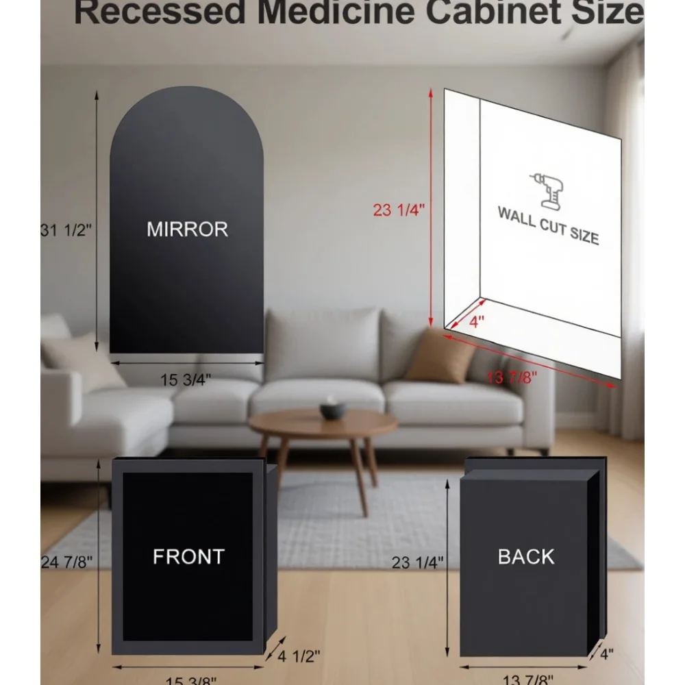 Arched Recessed Medicine Cabinet with Mirror and 3 Glass Shelves for Bathroom Wall view 2