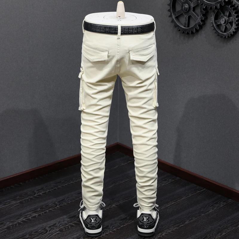 

Street Designer Fashion Men Jeans Beige White Stretch Slim Multi Pockets Denim Cargo Pants Men Y2K Spliced Hip Hop Biker Jeans