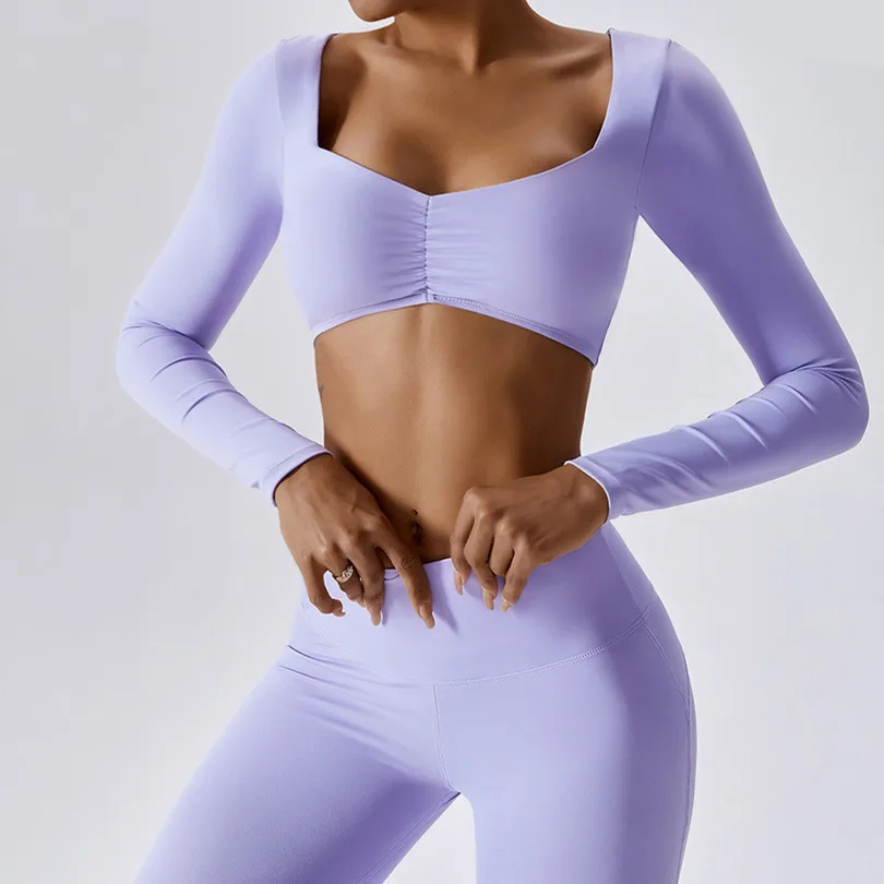 1/2Pcs Long Sleeve Pad Crop Tops Yoga Set Women Gym Sport Big Leg Flare Scrunch Pant Workout Fitness Legging Active Wear Suits