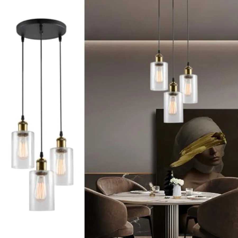 

3-Light Black Pendant Light Modern Farmhouse Glass Shade Cluster Chandelier Hanging Lamp Fixture for Dining Room Kitchen Island