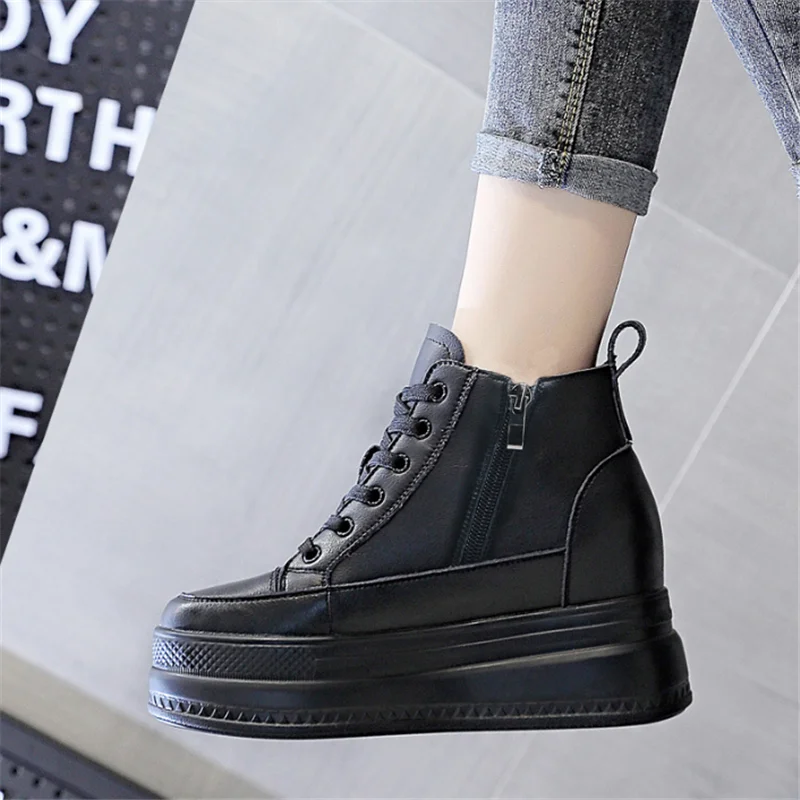 Women\'s Ankle Boots Winter Autumn Leather Chunky Shoe Woman Platform Height Increased Sneakers 8CM Thick Sole Wedges Black Boots