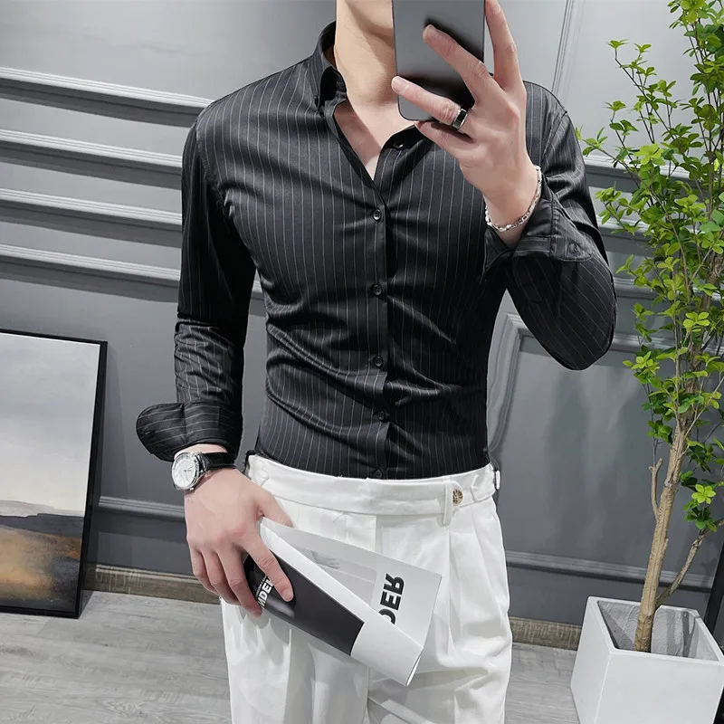 High Quality Slim Fit Striped Shirts Men Clothing 2022 Long Sleeved Luxury Business Casual Formal Dress Shirts Streetwear Hommes