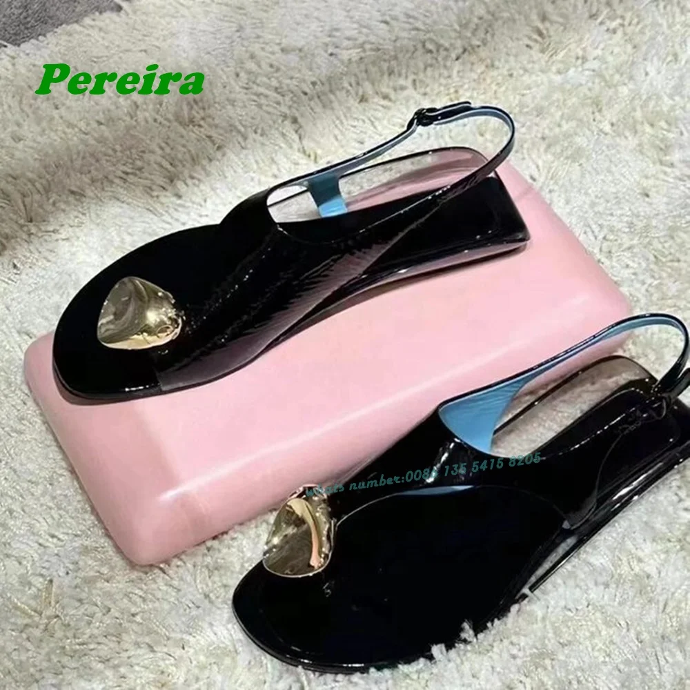 Metal Clip Toe Slingback Sandals Flat with Black T-Strap Buckle Women's Sandals Leather Glossy Summer Shoes 2024 New Luxury