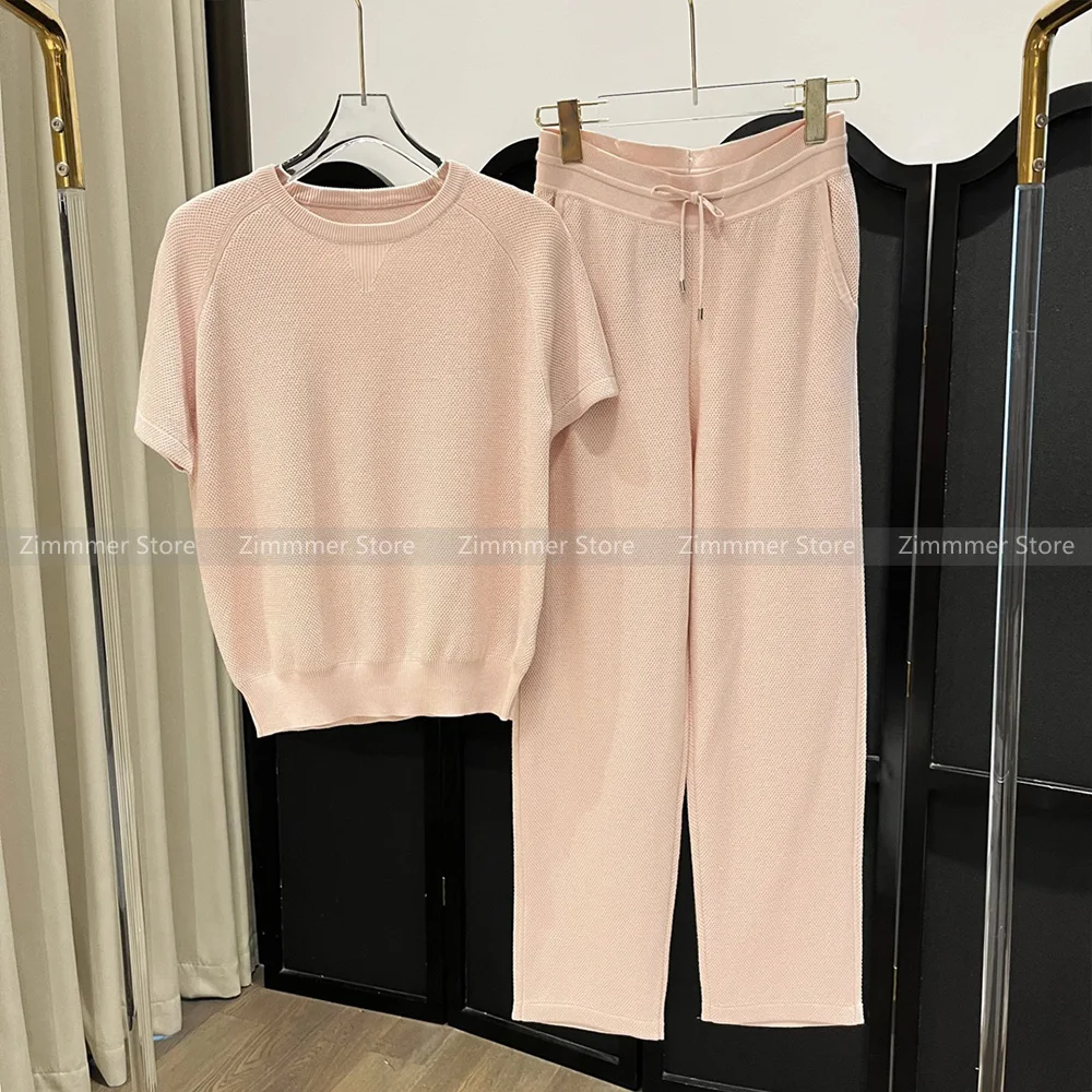 2024 Early Autumn Women\'s New Gentle Wind Elegant Round Neck Soft Hundred Knit Short Sleeve + Elastic Waist Pants Set