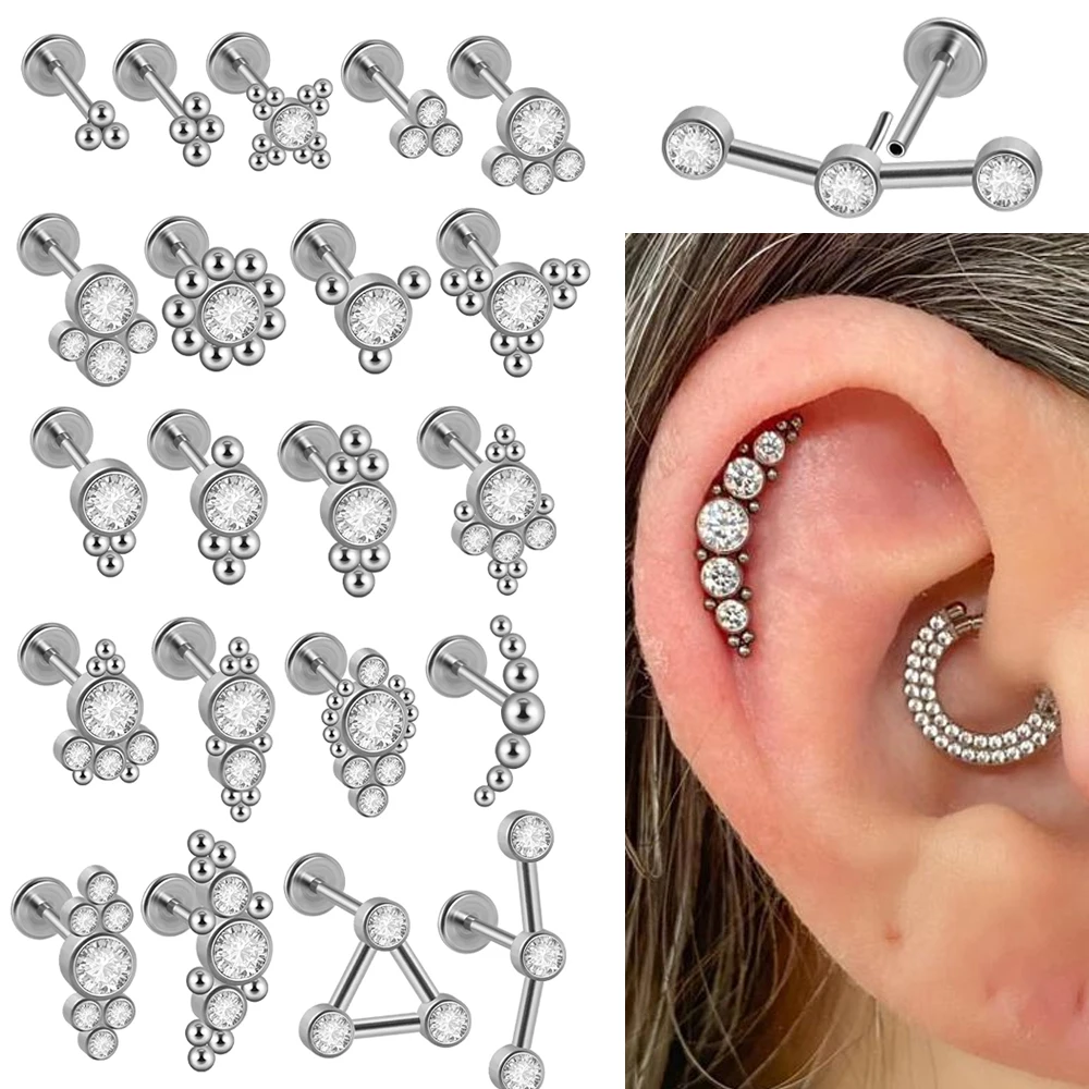 1PC Surgical Steel Cz Ear Rings Threadless Push In Cluster Tragus Ear Cartilage Earrings Body Piercing Jewelry 20G