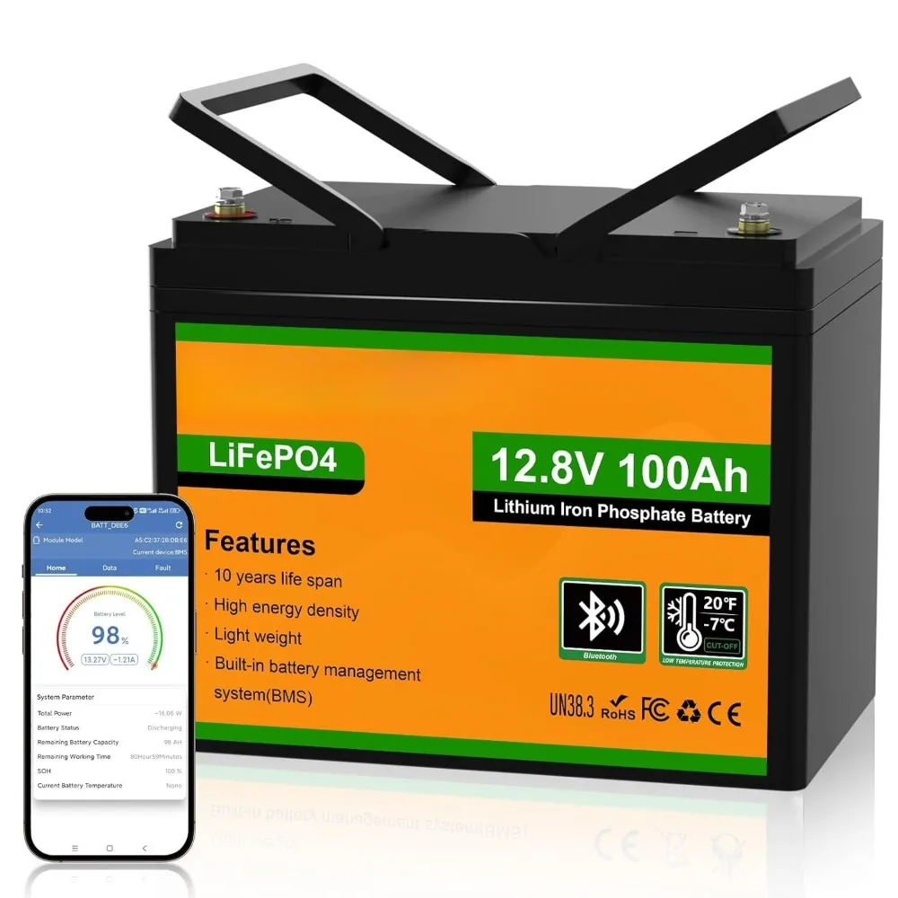 12V 100AH LiFePO4 Lithium Battery with Bluetooth, Max.1280Wh Energy, Low Temperature Protection, Group 24, Built-in, Customized