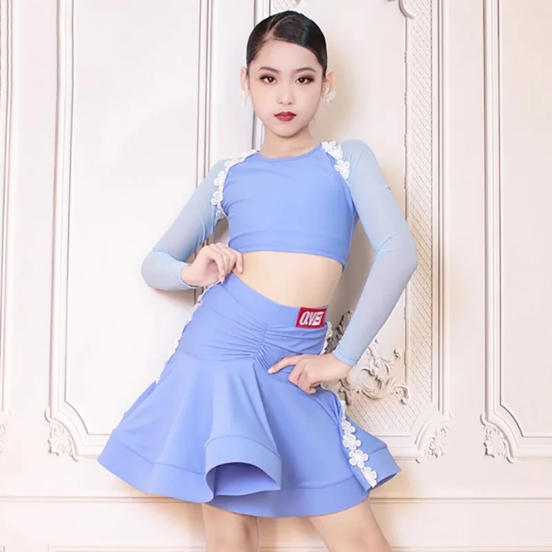 

Kids Girls Latin Dance Costumes Long Sleeve Mesh Top and Big Swing Ruffles Skirts Childrens Performance Competition Dancewear