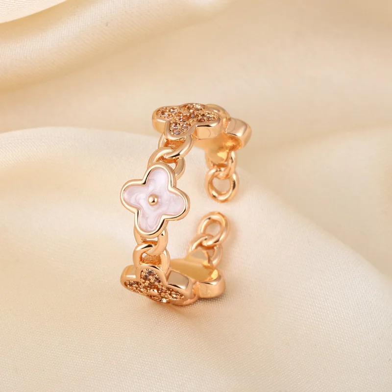 

Natural Mother of Pearl Clover Ring, Adjustable Four Leaf Clover Ring for Women. Lucky Charm Statement Jewelry