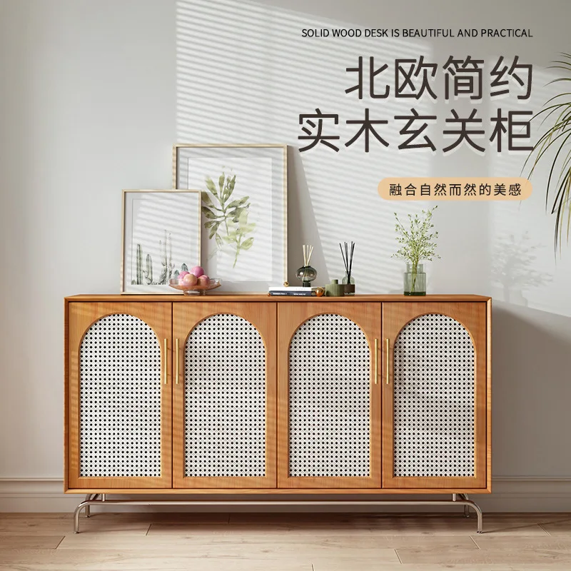 

Nordic solid wood dining side cabinet, household double-door large-capacity rattan locker, modern simple storage porch cabinet