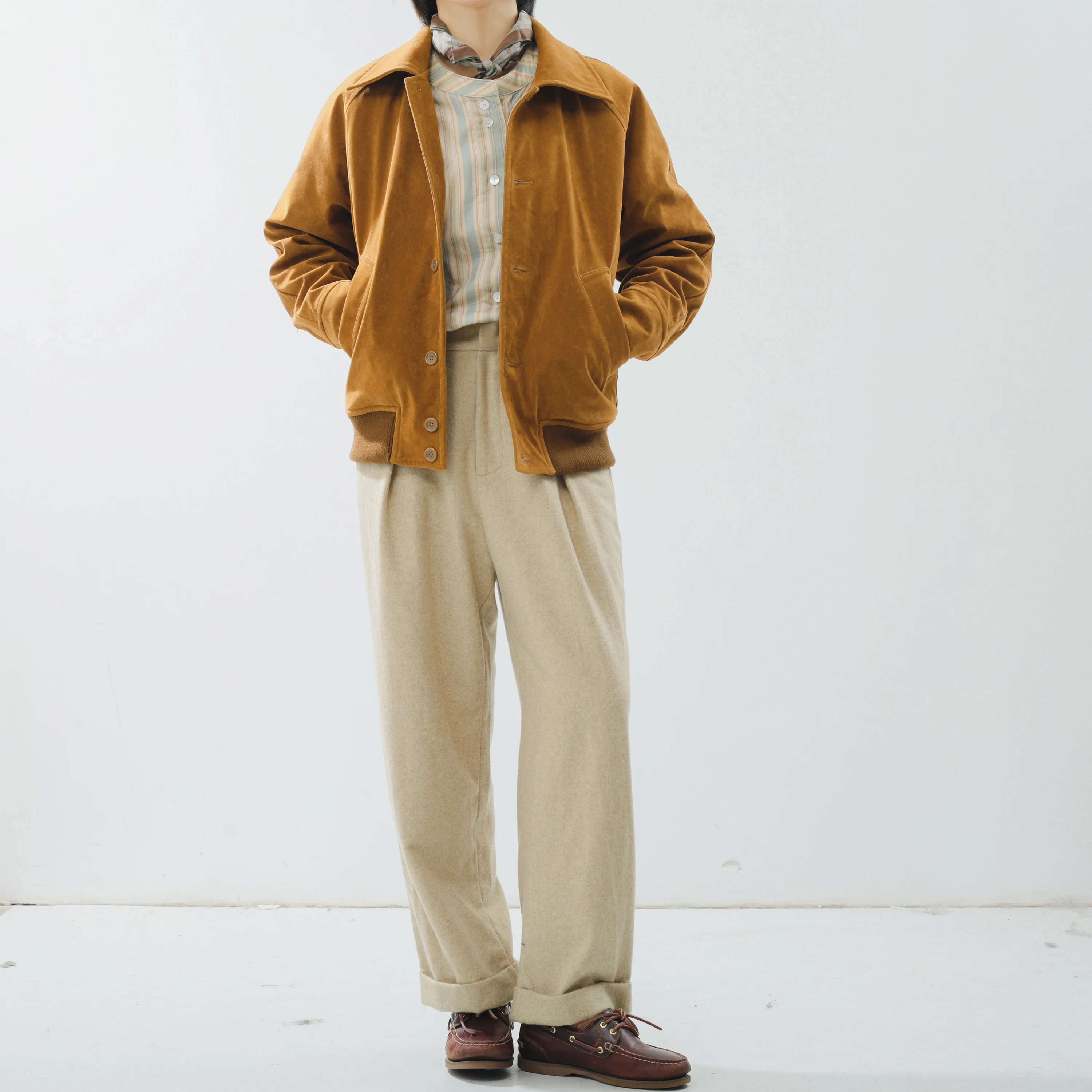 ملابس خارجية من Coudre Vintage Sle Thiened Caramel Suede Jaet Retro Journat Tone ملابس خارجية فنية للسيدات من ألياف البوليستر