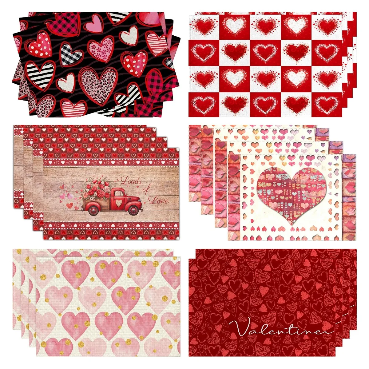 

Red Black Valentine's Day Hearts Placemats Set of 4 Plaid Check 12x18in Stripe Love Dining Table Place Mats Home Kitchen