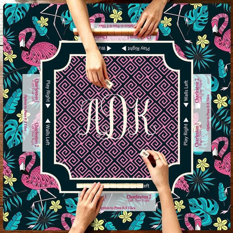 VIKAMA Black Pink Flamingo Palm Mahjong Mat Geometric Zoned Wear Resistant Non Slip American Poker Mahjong Pad
