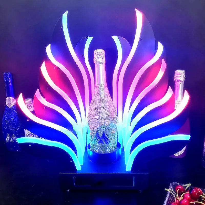 Peacock Tail LED Luminous Wine Bottle Stand Rechargeable Cocktail Whisky Drinkware Holder For Disco Nightclub Party Decoration