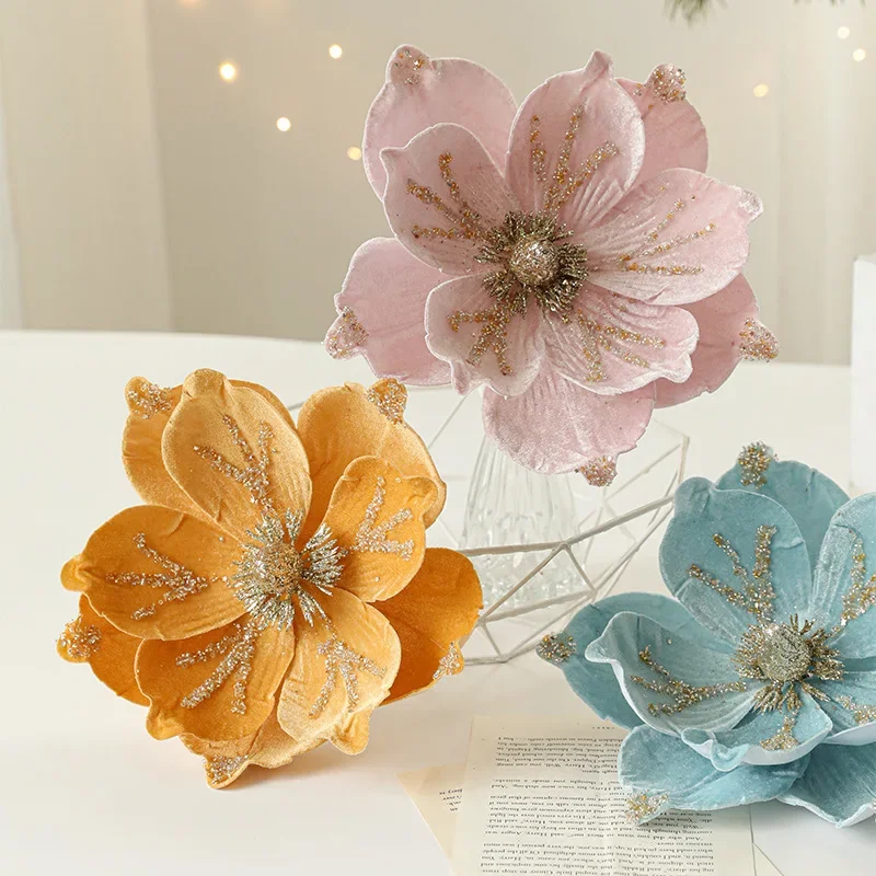 

Christmas Tree Decoration Flower 24CM Sticky Powder Flocked Magnolia Light Luxury Cloth Christmas Party Decoration Supplies