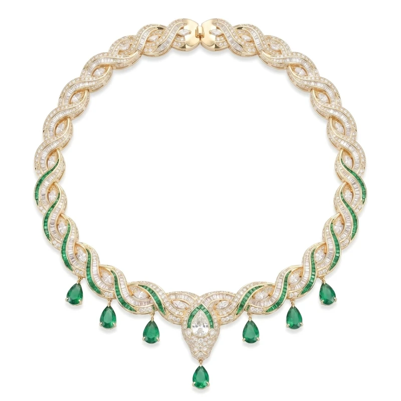 Cameo Vintage Intertwined Twist Snake Necklace Gold Plated CZ Inlaid Water Drop Emerald Tassel Ladies Gala Party Jewelry