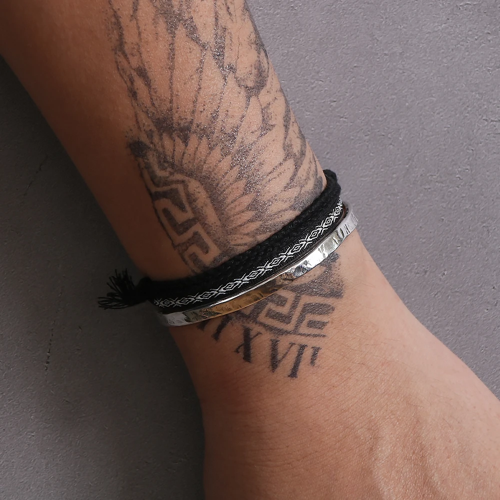 3pcs/set 925 Sterling Silver Hammered Cuff Bangle Black Braided Rope Stacked Bracelet Fashion Party Jewelry Boyfriend Gift