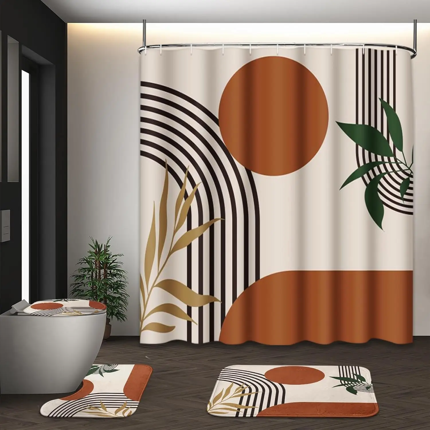 

Boho Mid Century Shower Curtain Set with Toilet Lid Cover and Non-Slip Rugs, Abstract Geometric 4 Pcs Modern Bathroom Set with