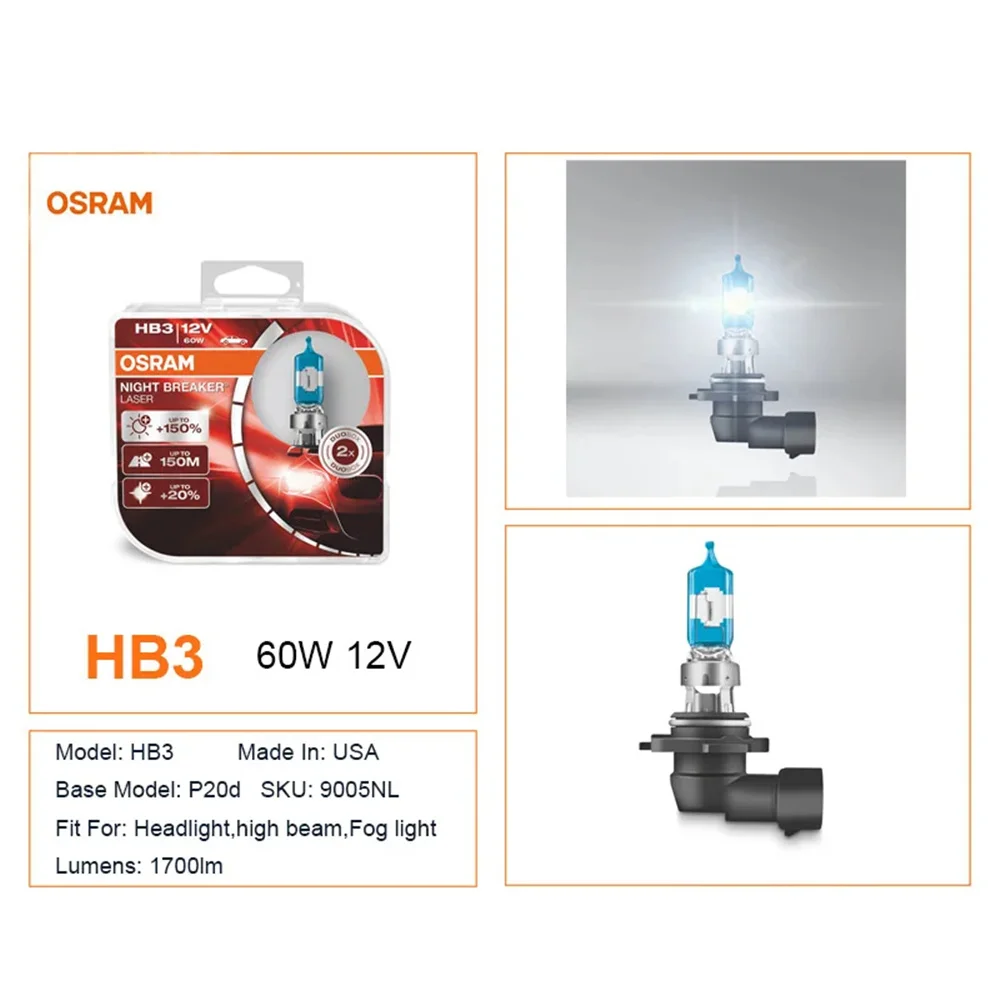 OSRAM Night Breaker Laser HB3 P20D 9005NL 12V 60W Next Generation Car Headlight Halogen Bulbs Fog Lights 3700K Hi/lo Beam (2PCS)