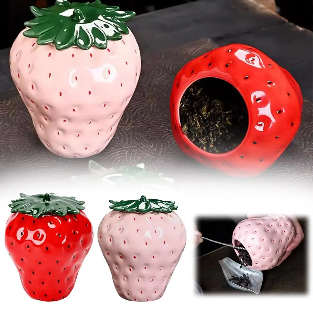 

NEW High-end Strawberry Ceramic Tea Jar Creative Ceramic Mini Black With Cover Storage Moisture-proof Tea Home Decor Sealed S4I3