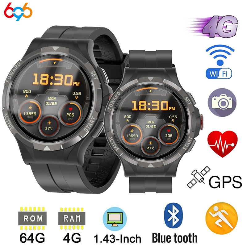 

2024 Men 4GB RAM 64GB ROM SIM Card 4G Video Call Smart Watch 120° Rotary Camera Heart Rate Bracelet Sports GPS WIFI Smartwatch