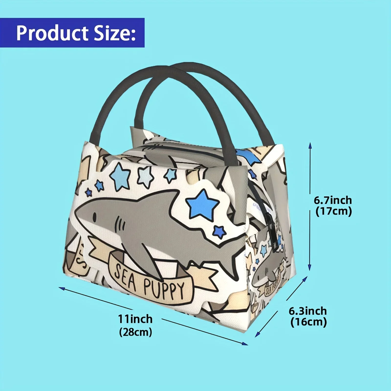 Grey Shark Pattern Insulated Lunch Bag for Camping Picnic Beach Suitable for Home Restaurant Office Worksite 11X6.3X6.7In