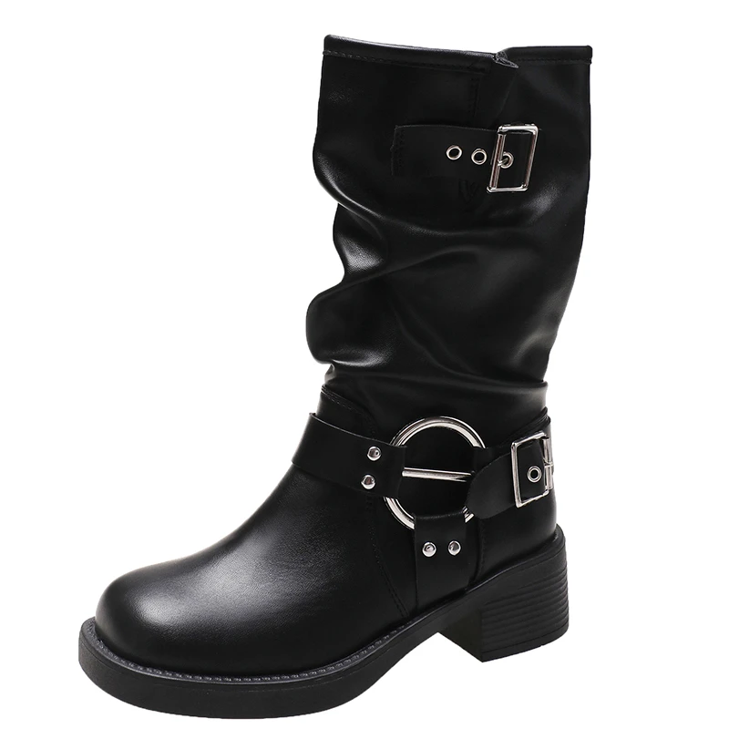 

Pu Leather Western European Belt Buckle Pile Up Boots, High Boots Woman, Autumn Winter New Mid Length Boots, Knight Boots