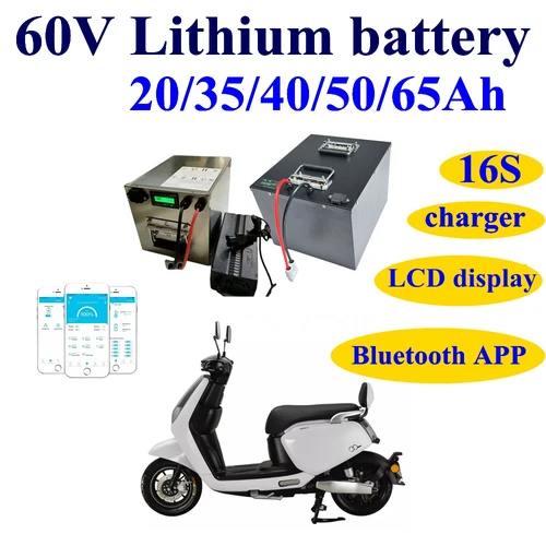 16S リチウムイオンバッテリーパック 60V 20Ah 35Ah 40Ah 50Ah 65Ah Bluetooth BMS アプリ 2000W 3000W スクーター二輪車オートバイ + 充電器用。