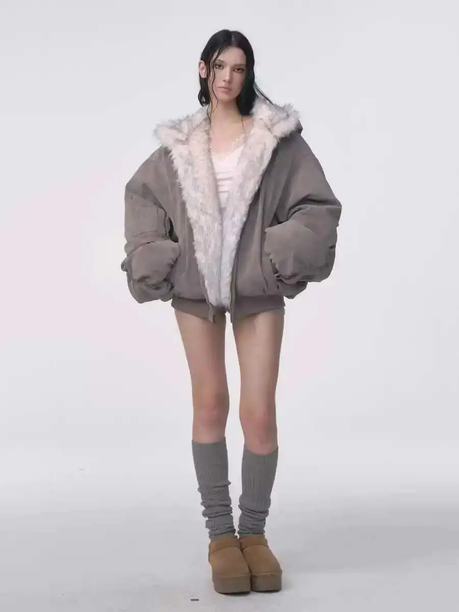 

Women Winter American Retro Fur Coat Padded Hooded Cotton-Padded Jacket Plush Casual Street Gothic Harajuku Oversize Coat