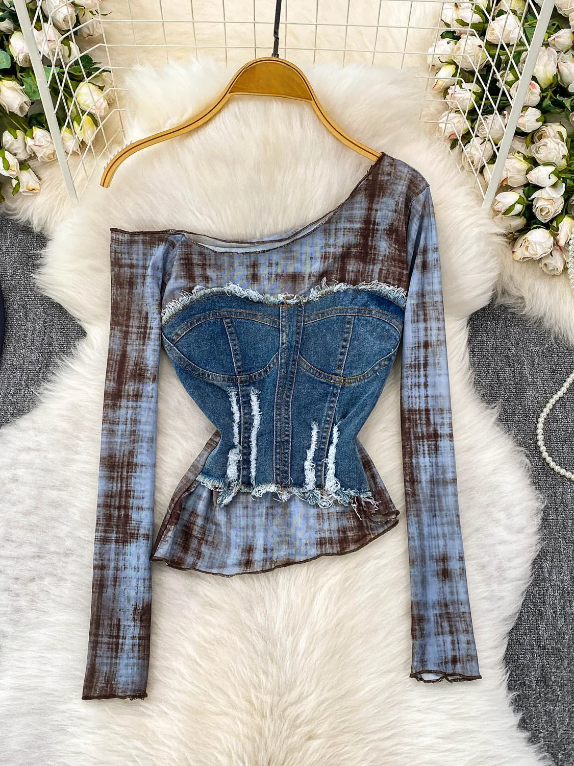 

Футболка Long Sve в стиле ретро American Spicy Girl Tie Dye, женская персональная одежда, джинсы, асимметричный топ в стиле пэчворк