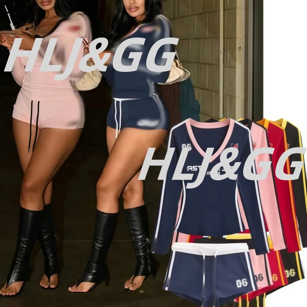 

HLJ Retro Patchwork Letter Printing Sporty Two Piece Sets Women V Neck Long Sleeve Top And Drawstring Shorts Tracksuits Outfits