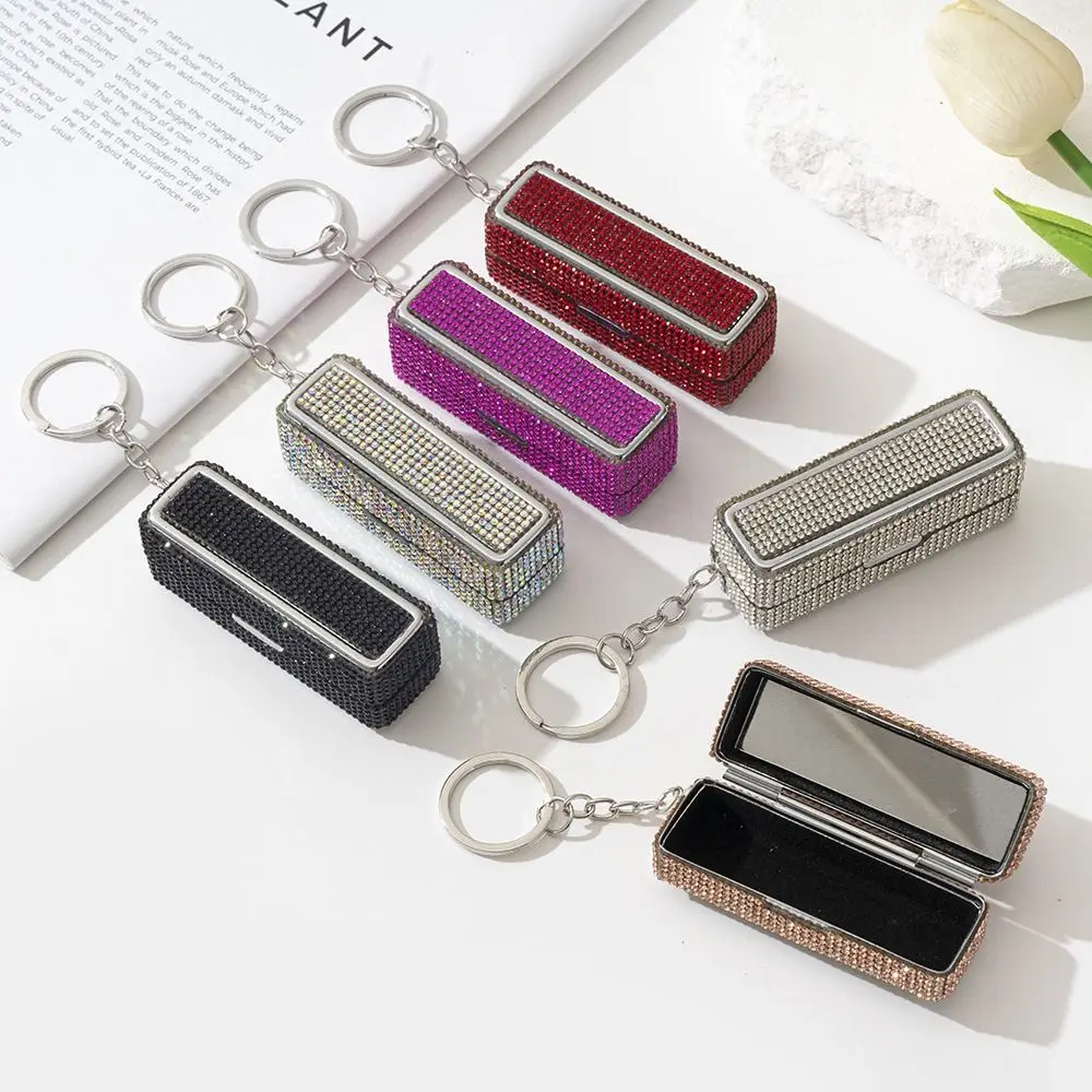 

with Mirror Rhinestone Lipstick Box Keychain Convenient Lip Gloss Storage Case lightweight Multi-funcrtional