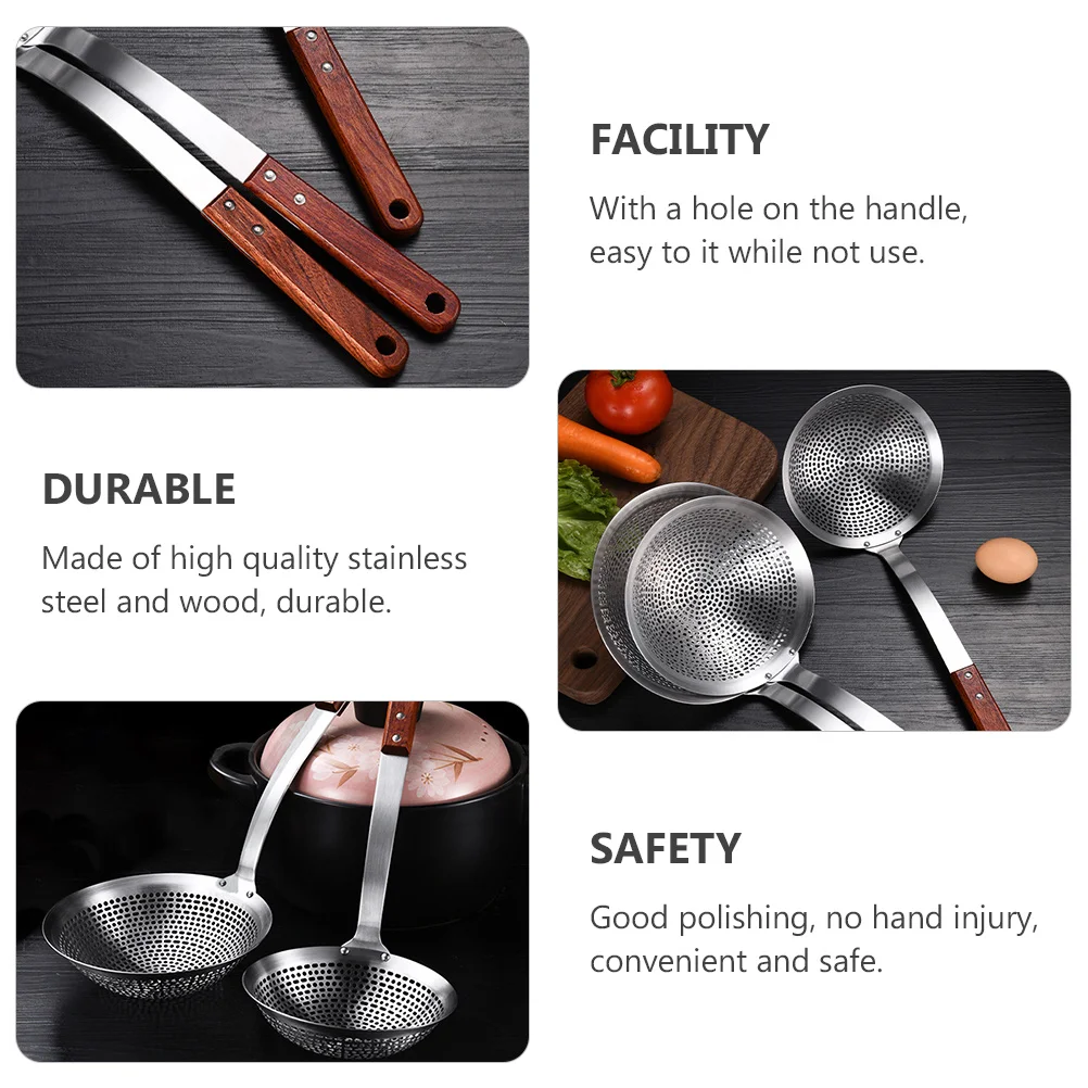 

Stainless Steel Skimmer Filter Spoon Wooden Handle Kitchen Spoon Oil Strainer Hot Pot Cooking Tool Food Strainer