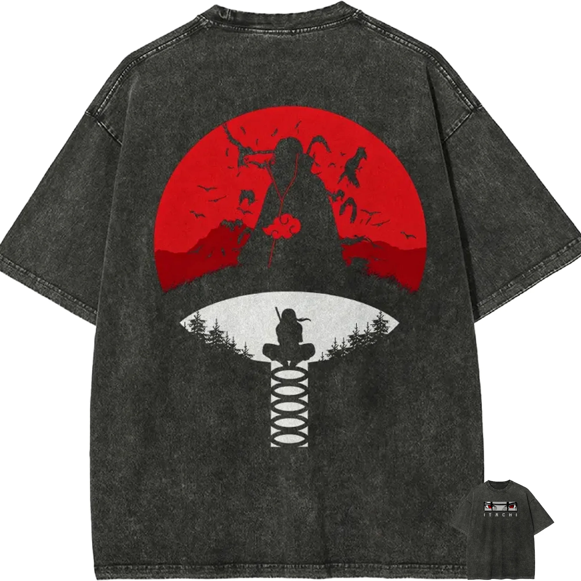 Itachi Uchiha T-Shirt Naruto Herren Acid Wash Anime Manga Grafik Baumwolle Streetwear Uchiha Clan Silhouette Roter Mond Vintage Tee