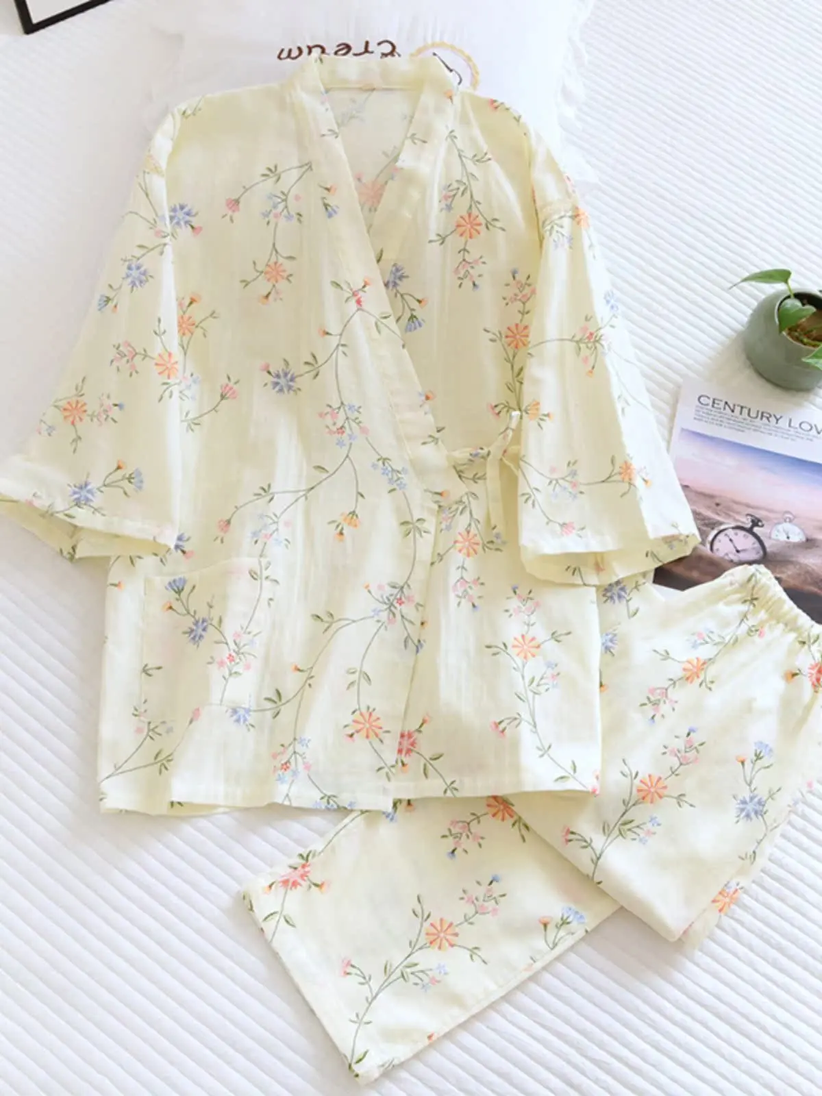 New Japanese Sle Pure Cotton Gauze Floral Print Spwear Long Pants Seven Sve Summer Thin Home Clothes St Suit